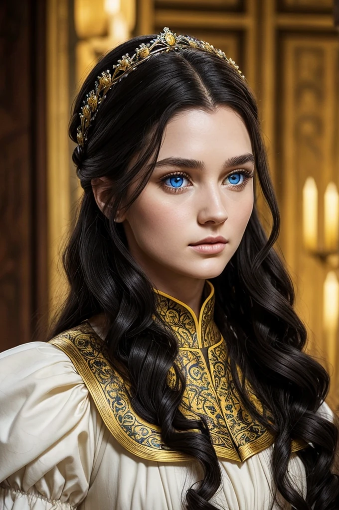 Beautiful noblewoman. Beautiful. House Baratheon. Yellow Dress and black. Long black hair curly and blue eyes. White skin. Dress sexy. Europan face. House Baratheon of Game of Thrones. Blue eyes. Close up