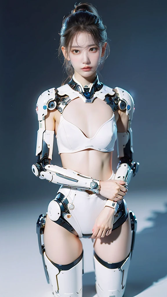{{best quality, 1080P, Masterpiece, Ultra high resolution, photorealistic, ultra realism, Realistic skin texture, Extreme skin detail, dslr, Detailed eyes, Facing the camera, The face is very young and beautiful., blue eyes,Concise facial structure, Pale skin, Realistic skin texture, Extreme skin detail, oc render reflection textures, Realistic light and shadow, Single picture, alone, The body is slim and balanced., Height 170, naked girl, NUDE, no underwear, A girl with the body of a mechanical robot., Transparent futuristic black glass mech armor suit, The mechanical cervix is attached to the neck., flat stomach, Woman with perfect robot arms and legs, You can see from the head down to the feet., full body view, Whole body photo.}}