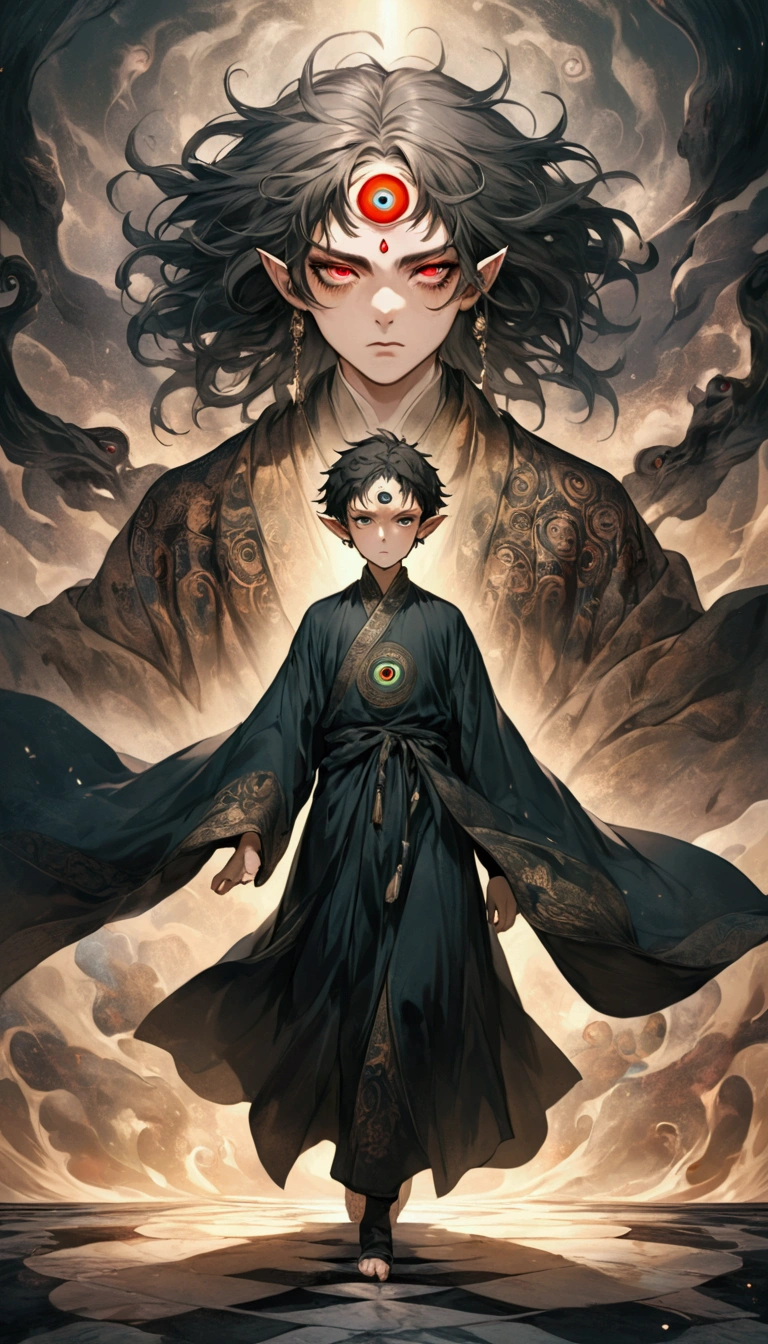 a boy with short hair, solo, third eye on the forehead, elf ears, long robe with eye patterns and dark colors, full body shot, death stare background, dynamic pose