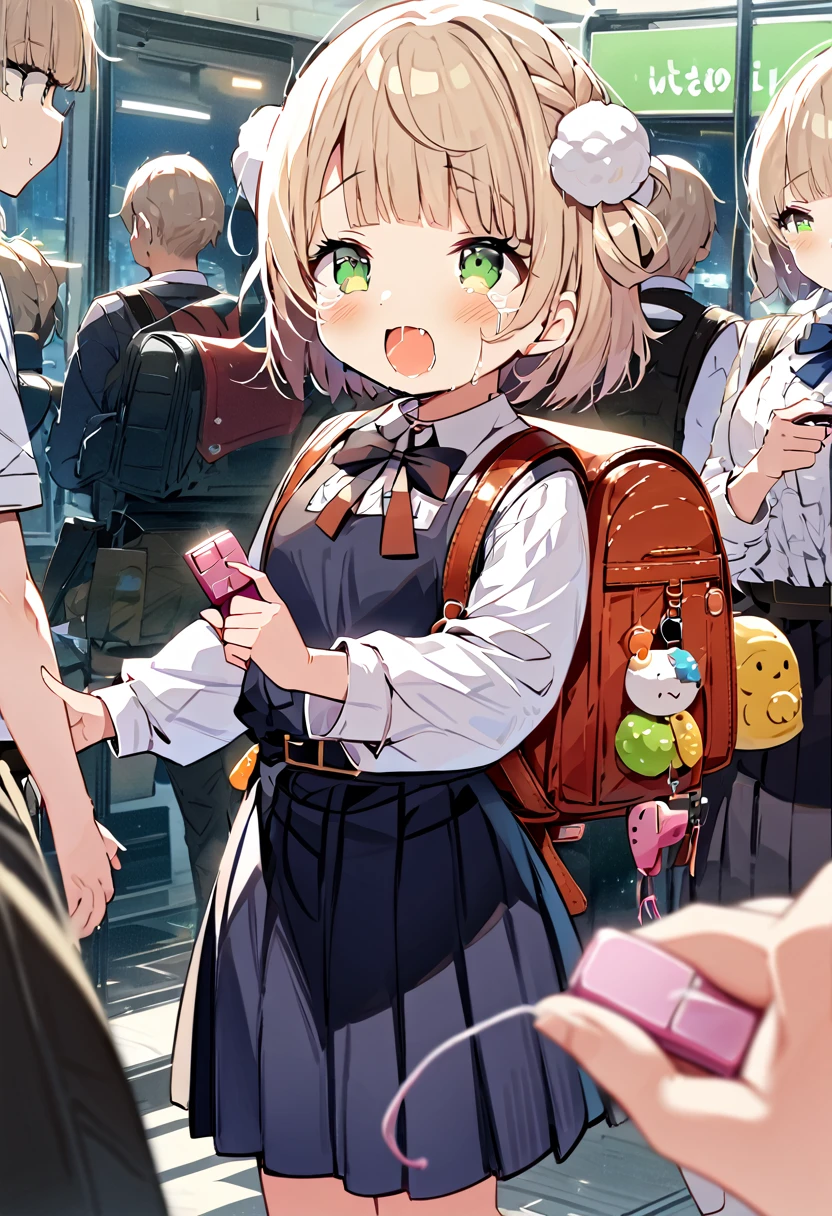 (throw_hand, pink vibrator remote switch in throw_hand, throw:1.2), Highest quality, Very detailed, masterpiece, Ultra-high resolution, 8k, Ridiculous, Cowboy Shooting, Blurred, One Girl, Embarrassing, blush, Lovely, , Tears in the eyes、Open your mouth, What saliva leaves behind, Wet skirt hem, Not wearing pants, Bulging of the vibrator cord, Vibrator with Garters, Subway car interior background, In a crowded group of women,Squirting、Ahegao、Ecstasy face ui3, 1girl, 独奏, green eyes, pom pom \(clothes\), backpack, pinafore dress, white shirt, white socks, long sleeves, aged down, short hair, belt, red bowtie, bangs, , blue dress, collared shirt
