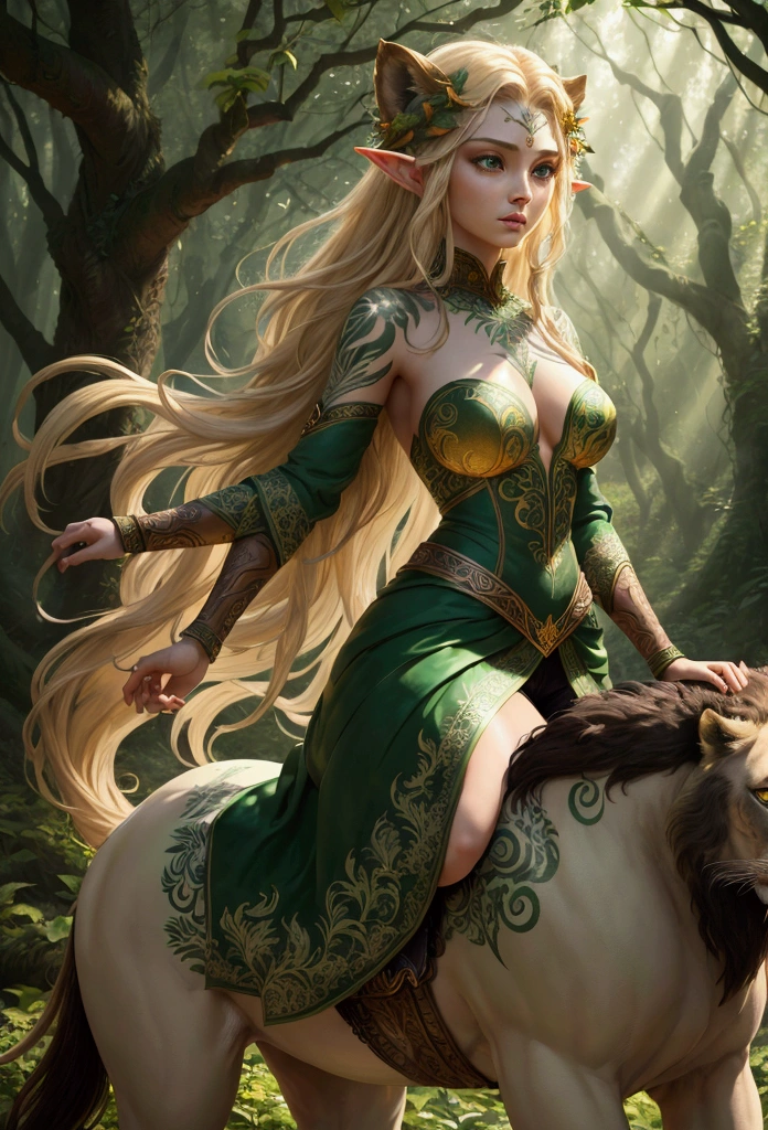 Masterpiece, score_9, score_8_up, score_7_up, detailed, beautiful, enchanting, fantasy theme, 1character, female elf, dressed in leaves, intricate leaf armor, green and brown color scheme, long flowing blonde hair, emerald green eyes, riding a mighty lion, detailed saddle, adorned with vines and flowers, standing in a lush forest, sunlight streaming through the trees, powerful and graceful pose, serene yet determined expression, delicate elven features, intricate tattoos on her face and arms, surrounded by vibrant flora, magical aura, sparkling dew on the leaves, detailed background, dawn light, mystical atmosphere