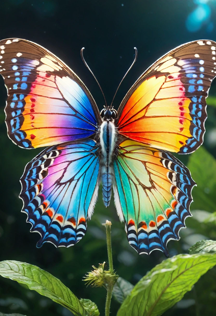 (best quality,4K,8K,high resolution,masterpiece:1.2),Extremely detailed, Beautiful Queen,long, Energetic, colorful wings,Butterfly, majestic, Royal, Magnificent, elegant, Detailed pattern, Beautifully, Ethereal, Rainbow, 闪闪Luminescence, beautiful, enchanting, Flutter, floating, Luminescence的, myth, fantasy, magic, charm, Surrealism, Lush, bloom, Energetic garden, Sun-tanned and healthy complexion, Sunlight, Soft, Like a dream, Golden light, Luminescence, shining, Luminescence flowers, , peaceful, peaceful, serene, Fascinating, Fascinating.