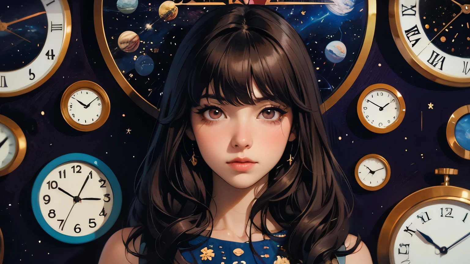 A woman stands in front of a wall of clocks, Portrait Anime Astronaut Girl, Detailed digital anime art, Portrait of a girl in the Knights of the Zodiac, Amazing digital illustrations, Goddess of space and time, Anime girl with space-like hair, Anime Art Nouveau Space Display, Digital anime illustration, Detailed portrait of an anime girl, Stunning Anime Face Portraits, girl in space, Space Girl