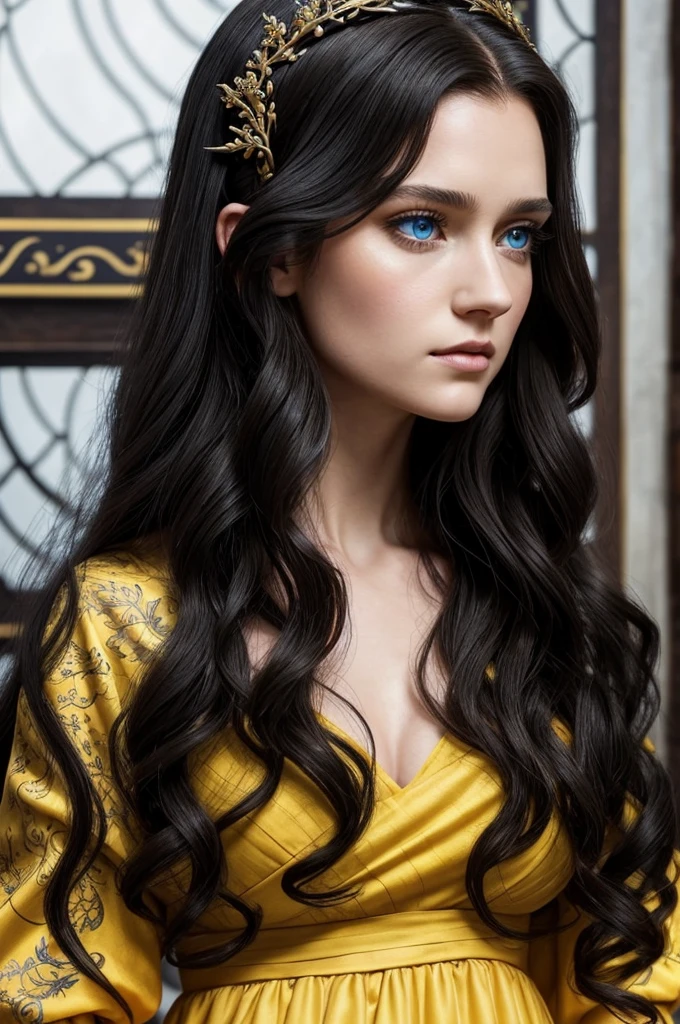 Beautiful noblewoman. Beautiful. House Baratheon. Yellow Dress and black. Long black hair curly and blue eyes. White skin. Dress sexy. Europan face. House Baratheon of Game of Thrones. Blue eyes. Close up