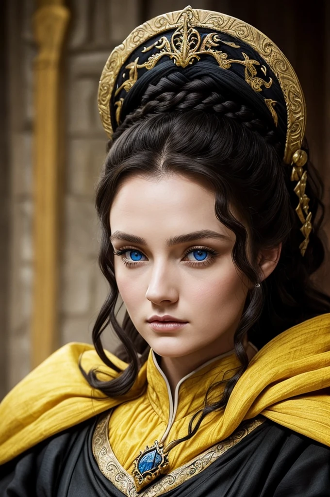 Beautiful noblewoman. Beautiful. House Baratheon. Yellow Dress and black. Long black hair curly and blue eyes. White skin. Dress sexy. Europan face. House Baratheon of Game of Thrones. Blue eyes. Close up

