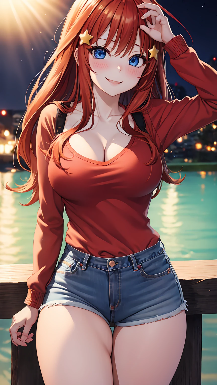 [nakano itsuki, red hair, long hair, star hair ornament, ahoge, red sweater, study glasses], 1girl, anime girl, anime, girl, 2d girl, , (fullbody), blue eyes, smile, blush, cleolo, Slim, Big breastsasts, sfw, cowboy sght Shorts, low waist shorts, upshorts, outdoors, night background, looking at viewer, darker shadows, (((shorts))), (((thigh gap))), (((lowleg shorts))),