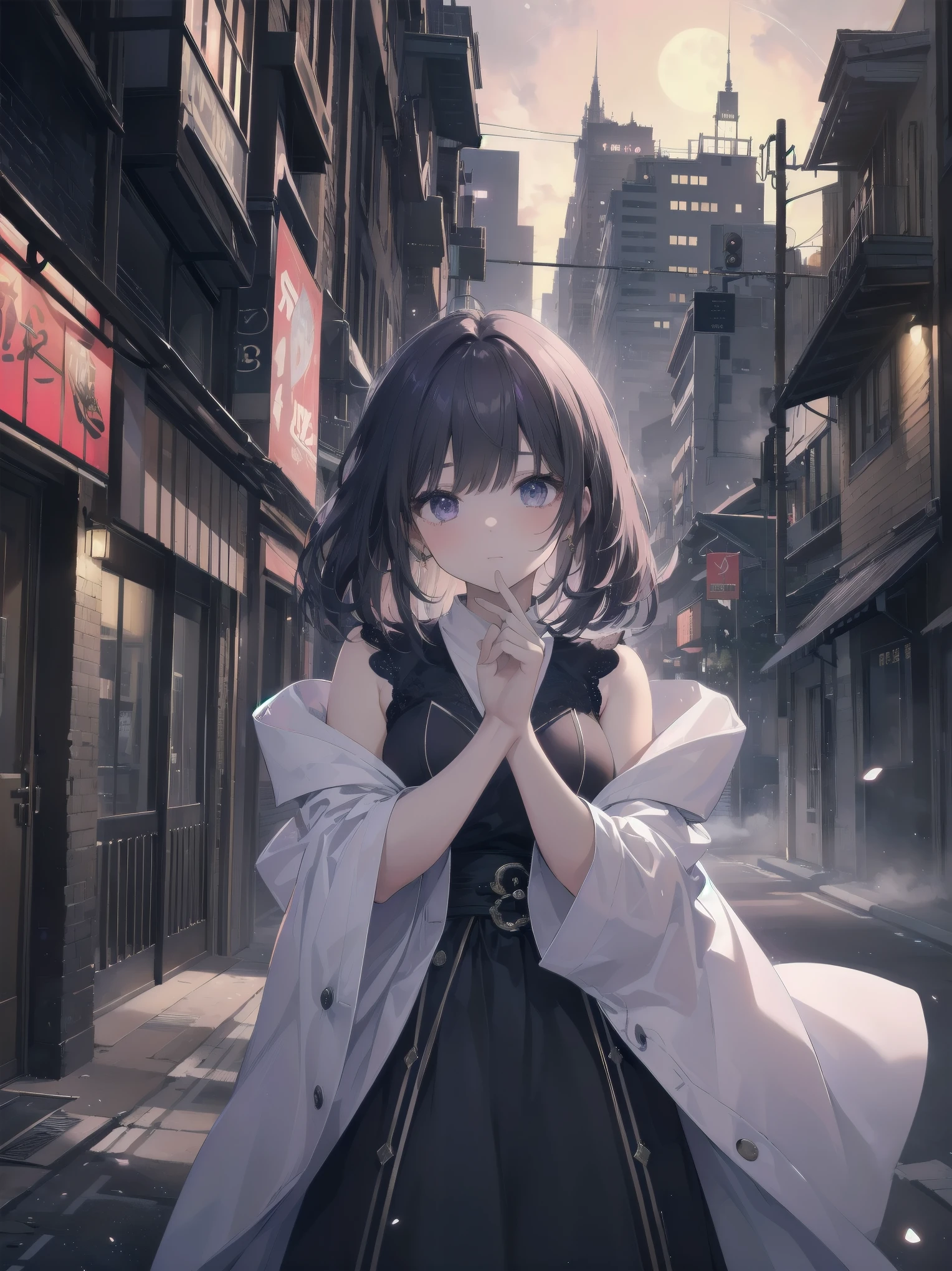 masterpiece, 8k, Highest quality, Very detailed, Purple & A beautiful girl in a blue magical robe with a moon motif、Close-up on the characters、(building, city、A dense fog of fluorescent particles、１８００Era、Western style、Fiction、grow、Overwhelming、Detailed street）、Beautiful girl posing with a beautiful background