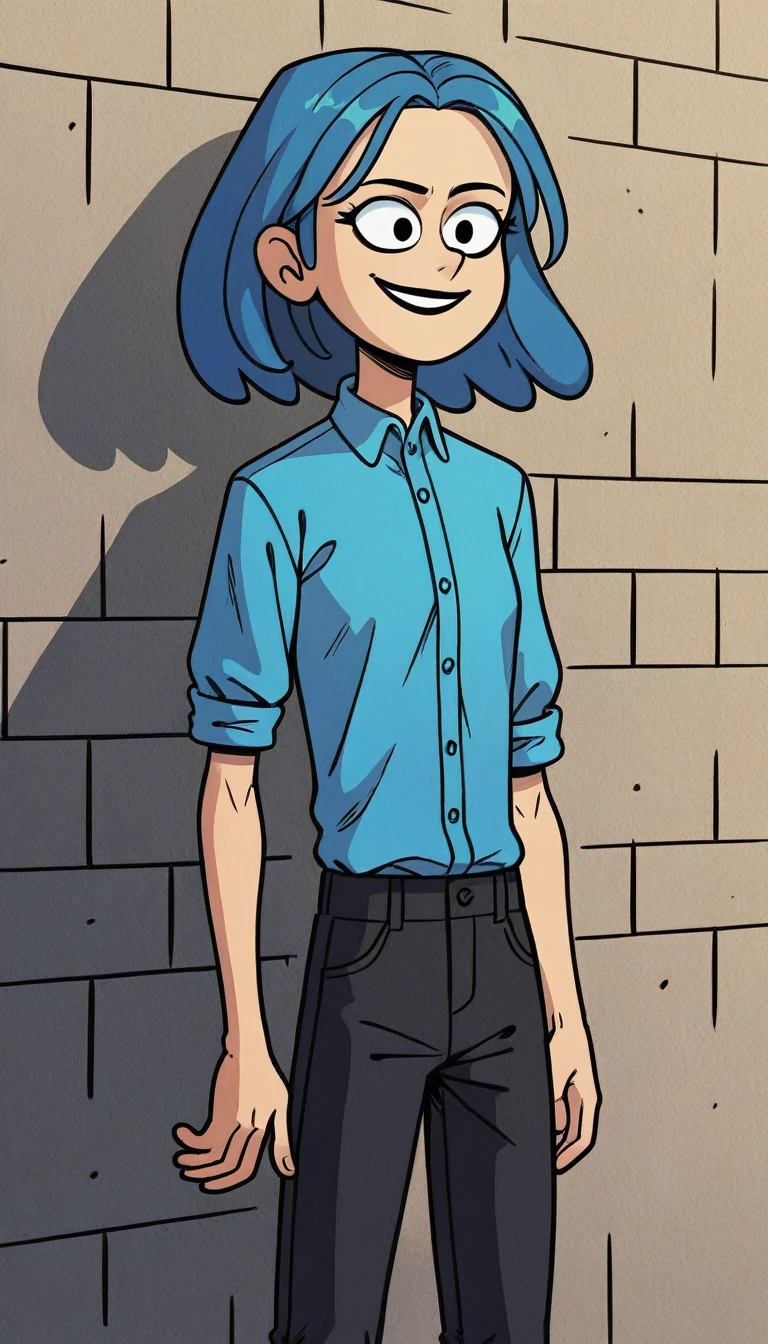 dark-blue hair girl, medium hair, forehead, black lipstick, skinny, sky-blue shirt, rolled up sleeves, untucked shirt, 3d, smile, crosed arms, brick wall, smile, button shirt, frowning, black pants, book haircut