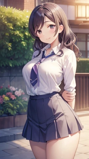 nozomitoujou, Nozomi-san always, Curly Hair, Large Breasts, masterpiece, Highest quality, High resolution, Beautiful attention to detail, Highly detailed face, Good lighting, Detailed CG, Messy Hair, A light smile, Leaning forward, Put your arms behind your back, tie shirt, mini skirt, city, garden