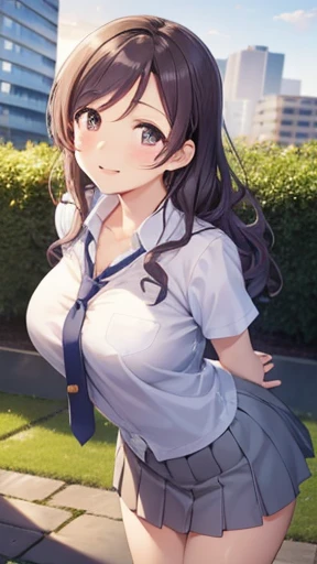 nozomitoujou, Nozomi-san always, Curly Hair, Large Breasts, masterpiece, Highest quality, High resolution, Beautiful attention to detail, Highly detailed face, Good lighting, Detailed CG, Messy Hair, A light smile, Leaning forward, Put your arms behind your back, tie shirt, mini skirt, city, garden