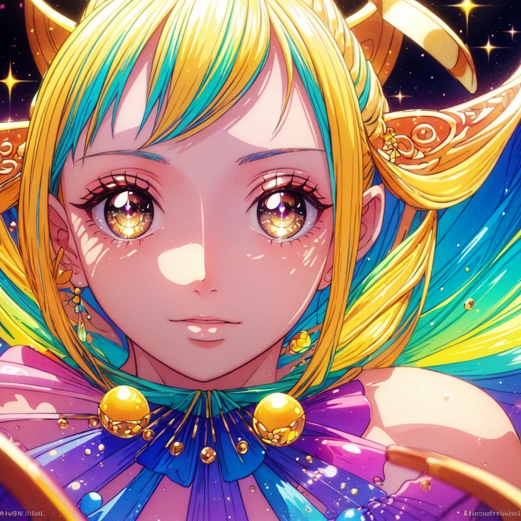 masterpiece, Highest quality, 8k resolution, Sharp focus, Intricate details, beautiful girl, Sparkling eyes, Golden ratio face, Otherworldly liquid, watercolor, ((pastel colour)), Bright colors, Whimsical, colorful, Sharp focus, High resolution, The finer details, ((Layered Ball Gown)), Rainbow bubbles