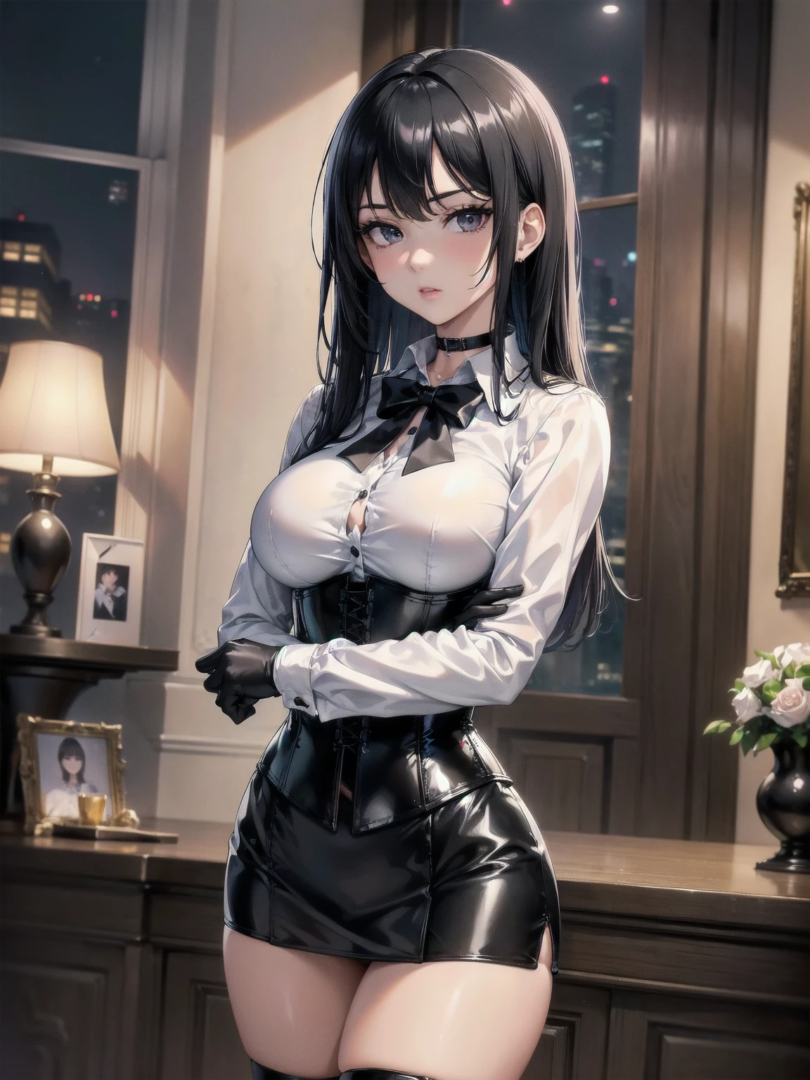  Masterpiece, Superior image quality, high resolution, 4k image,photo and gross, photorealistic, whole body, 1 young teen girl, short stature, standing, crossed arms, {{{vagina}}}, big breasts, beautiful face, long black hair, black eyes, very detailed eyes, pink cheeks, serious expression, choker:1.6, (white collar button down long sleeve shirt), black gloves, gloves that cover hands, (black leather corset), (shiny black miniskirt), Sensual Lips, show details in the eyes, View from the front, looking at the viewer, Elegant living room, at night