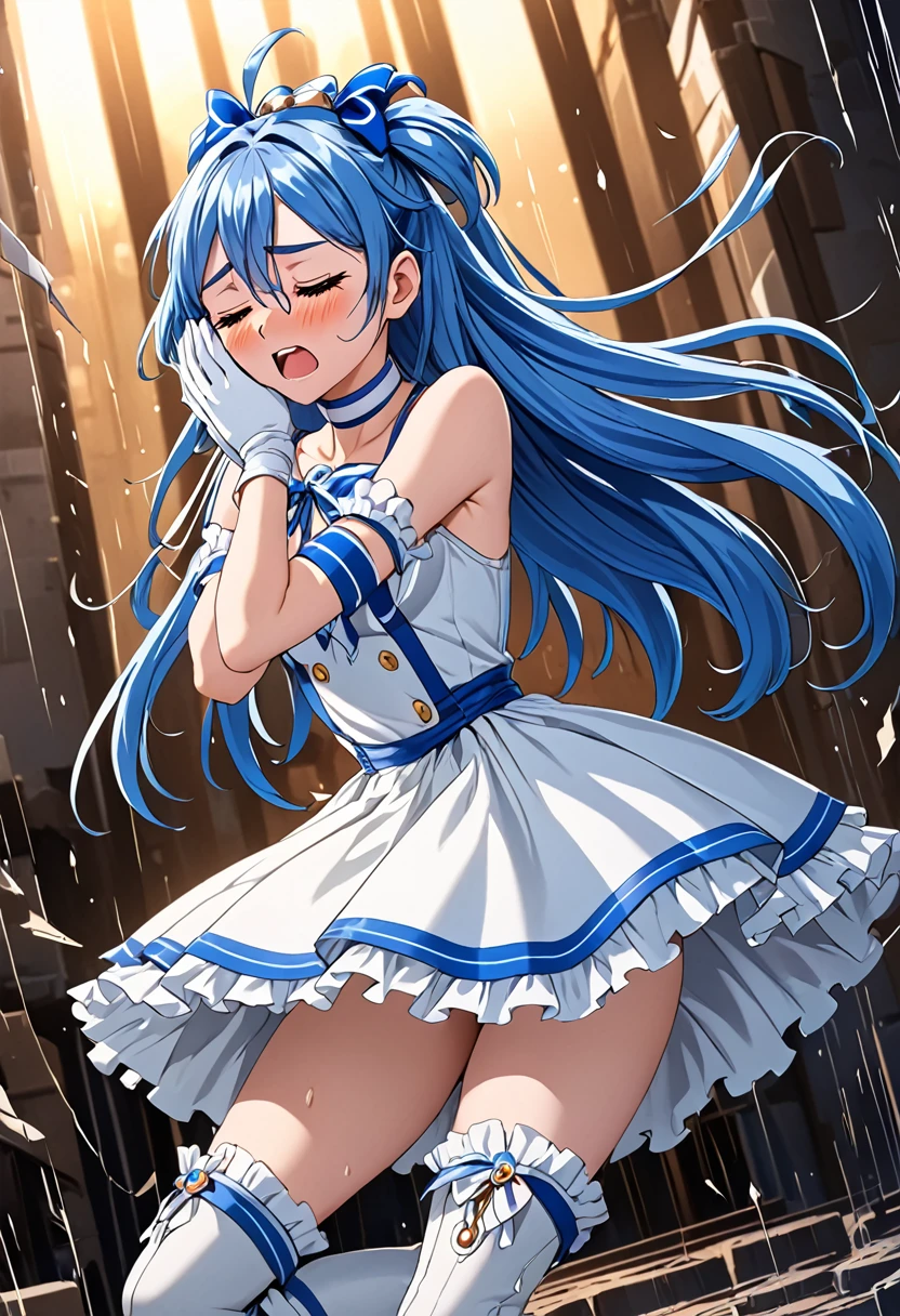 cure white,mini skirt,white choker, Thigh straps,elbow glover,detailed hair and costume, long flowing blue hair, white and blue frilly dress, white gloves and boots, holding her ears with both hands, blushing cheeks, in pain, suffering from enemy's sonic attack, dynamic and intense scene, background with sound waves,closed eye,masterpiece, Highest quality,, Highly detailed background, Perfect lighting, (beautiful, Highest quality:1.1), masterpiece, Perfect Eyes, (beautiful), (erotic:1.2)