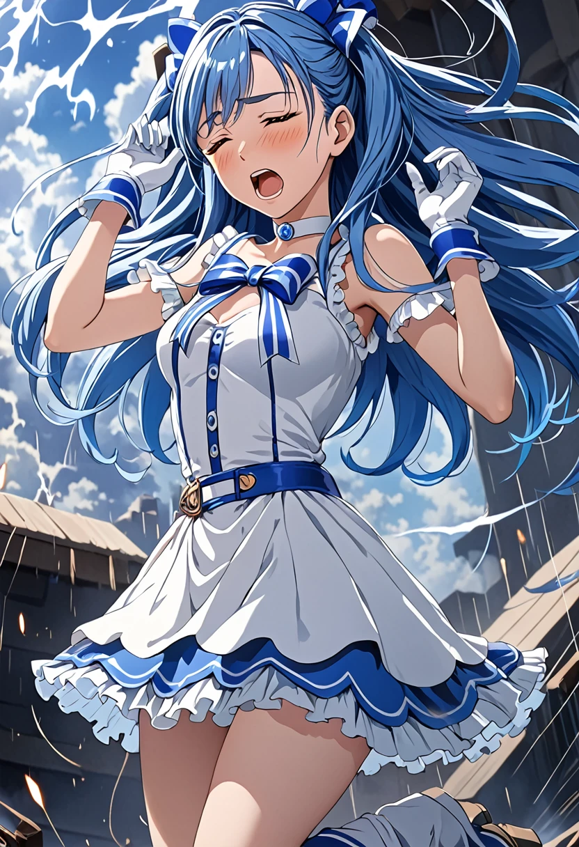cure white,mini skirt,white choker, Thigh straps,elbow glover,detailed hair and costume, long flowing blue hair, white and blue frilly dress, white gloves and boots, holding her ears with both hands, blushing cheeks, in pain, suffering from enemy's sonic attack, dynamic and intense scene, background with sound waves,closed eye,masterpiece, Highest quality,, Highly detailed background, Perfect lighting, (beautiful, Highest quality:1.1), masterpiece, Perfect Eyes, (beautiful), (erotic:1.2) 