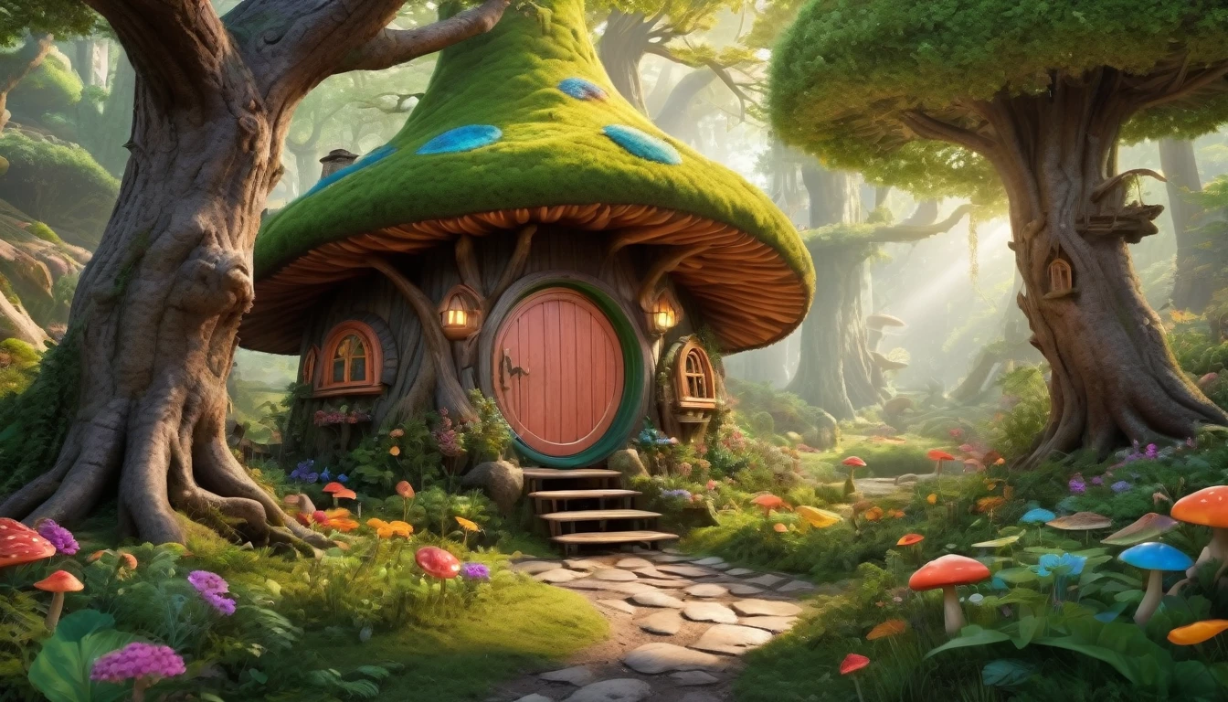 (Mysterious fantasy forest, dense trees, a cute and strange little tree:1.5), A hobbit cabin vividly depicted (best quality, 8K, advanced resolution, masterpiece:1.2) with ultra-detailed realism (1.4x realism, photorealistic: 1.37). This fantasy forest, surrounded by lush greenery and colorful flowers, is bathed in warm sunlight, creating a cheerful and whimsical atmosphere. The cabin, resembling a mushroom-shaped house, features intricate design and unique architecture. The artwork showcases an illustrative style inspired by children's book illustrations, with a vibrant rainbow color palette evoking joy and playfulness. Soft, warm lighting adds depth and warmth, making every detail impeccably presented. This visually stunning masterpiece captures the essence of a magical fantasy forest deep in the heart of a dense woodland.