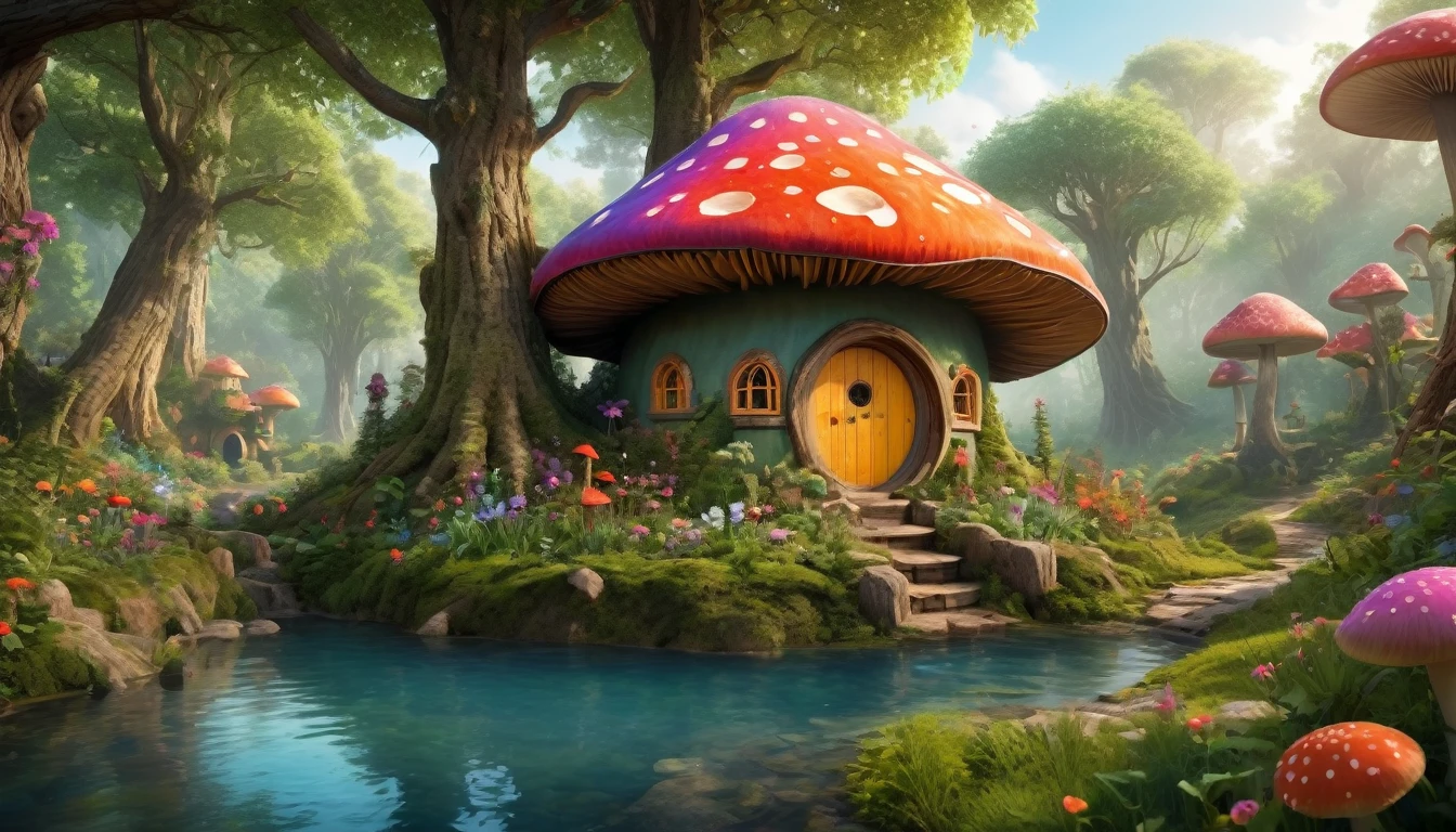 (Mysterious fantasy forest, dense trees, a cute and strange little tree:1.5), A hobbit cabin vividly depicted (best quality, 8K, advanced resolution, masterpiece:1.2) with ultra-detailed realism (1.4x realism, photorealistic: 1.37). This fantasy forest, surrounded by lush greenery and colorful flowers, is bathed in warm sunlight, creating a cheerful and whimsical atmosphere. The cabin, resembling a mushroom-shaped house, features intricate design and unique architecture. The artwork showcases an illustrative style inspired by children's book illustrations, with a vibrant rainbow color palette evoking joy and playfulness. Soft, warm lighting adds depth and warmth, making every detail impeccably presented. This visually stunning masterpiece captures the essence of a magical fantasy forest deep in the heart of a dense woodland.