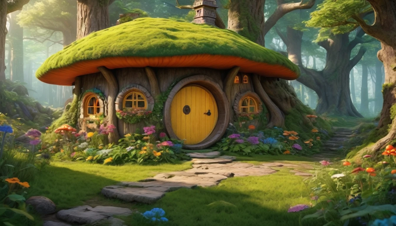 (Mysterious fantasy forest, dense trees, a cute and strange little tree:1.5), A hobbit cabin vividly depicted (best quality, 8K, advanced resolution, masterpiece:1.2) with ultra-detailed realism (1.4x realism, photorealistic: 1.37). This fantasy forest, surrounded by lush greenery and colorful flowers, is bathed in warm sunlight, creating a cheerful and whimsical atmosphere. The cabin, resembling a mushroom-shaped house, features intricate design and unique architecture. The artwork showcases an illustrative style inspired by children's book illustrations, with a vibrant rainbow color palette evoking joy and playfulness. Soft, warm lighting adds depth and warmth, making every detail impeccably presented. This visually stunning masterpiece captures the essence of a magical fantasy forest deep in the heart of a dense woodland.