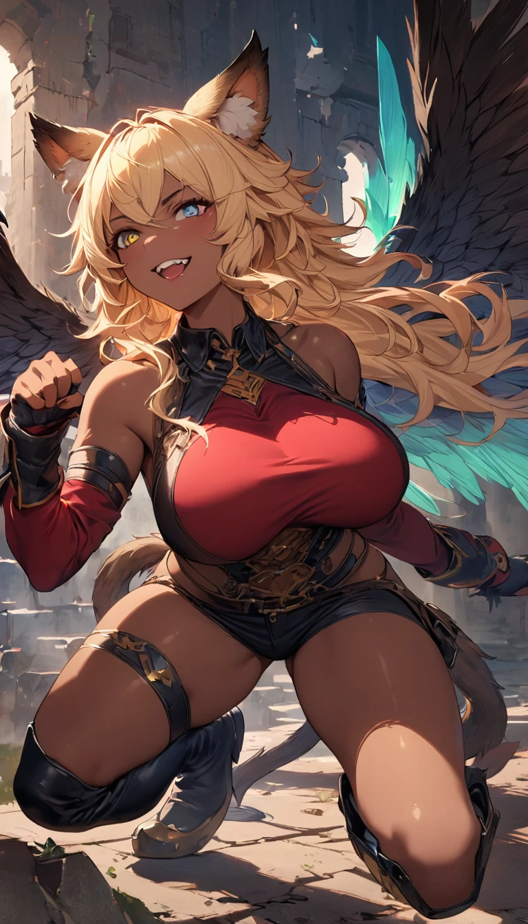 best quality,4k,8k,highres,masterpiece:1.2),ultra-detailed, extremely detailed eyes, extremely detailed body, (large masterpiece digital art), (detailed manga illustration), (detailed line art), ((perfect anatomy)), (intricate details:1.3), (ultra-detailed:1.3), (illustration:1.3), (sharp focus:1.3), (natural lighting:1.05), (vivid colors:1.3), (masterpiece), (best quality:1.4), (perfect anatomy:1.4), high quality, expressive eyes, full body, detailed face, beautiful face, perfect face, 1 girl, tall girl, ((blonde hair)), (red hair), multicolored hair, two-toned hair, ((dark skin)), (((dark skinned female))), griffon, large , thick thighs, very long hair, bare shoulders, denim, (short shorts), dynamic pose, silver jewelry, choker, animal ears, (lion ears), (lion tail), thigh-highs, ((animal ears)), skin dentation, curvy, monster girl, heterochromia, (orange eye), (icy blue eye), ((wings)), feathered wings, black feathers, green glowing feathers, thigh gap, (white shirt), black leather jacket, thigh boots, dynamic lighting, cinematic lighting, smiling, ((Greek ruins background)), Atey Ghailan, Jeremy Mann, Greg Manchess, Antonio Moro, trend in ArtStation, trend in CGSociety, Intricate, High Detail, Sharp focus, dramatic and photorealistic painting art by Midjourney and Greg Rutkowski, Jeff Bridges, ((cartoon style)), Marvel Cinematic Universe style