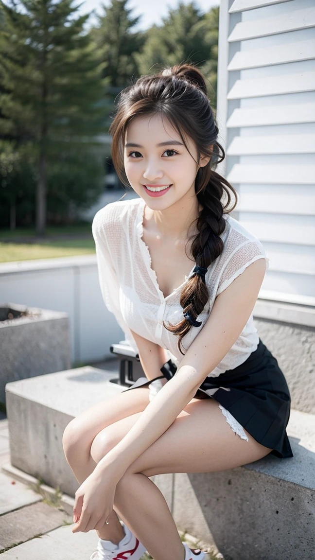 8K picture quality、high resolution、Realistic skin texture、high resolutionの瞳、Miss、Miss in the summer forest、Sleeveless knitted shirt、Short pleated skirt,Thin legs、sports shoes,Princess hairstyle、Thin、From below,From the front,Middle-parted bangs,quantities,Black Hair,Long hair,iris,beauty's eyes,Smile,、Wind Blow,The skirt fluttered,,Radiant Skin,Glowing skin,Climb stairs,Fire escape routes in buildings,Beautiful leg line beauty,Attractive thighs,Full of sexiness,sensuous,Carefree Smile,Heal the mind,Low Ponytail,beauty,Long Neck,Smile,Large Breasts、(a charming smile:1.2), Brown hair、Large target、Sweat accumulates on the chest、Comb your hair up