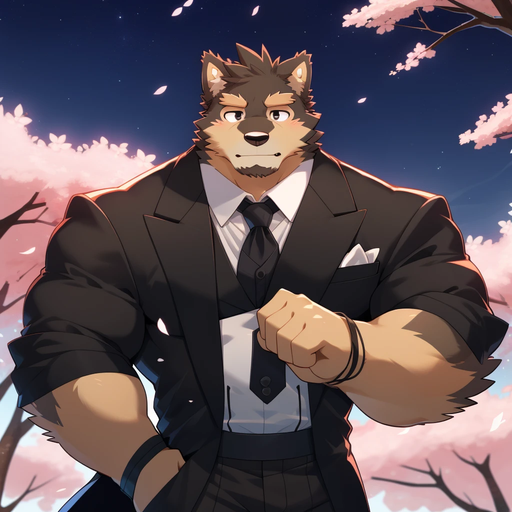 Scribble 德国牧羊dog face,Humanity(dog),(Formal wear:1.3),Muscular,(Brown eyebrows:1.1),(Perfect black eyes),Cherry blossoms,Black fur,Night Sky,(artist:Takemoto Arashi),Hands tied behind the back,cry。