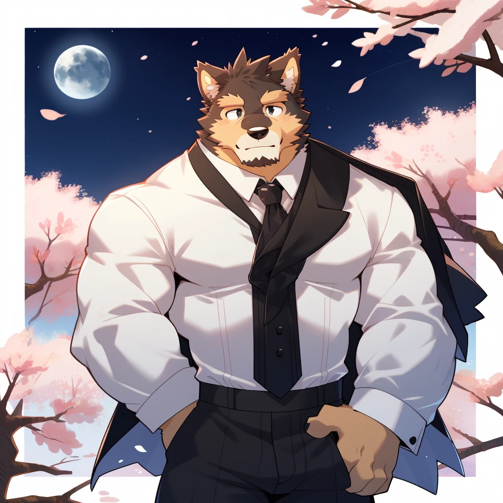 Scribble 德国牧羊dog face,Humanity(dog),(Formal wear:1.3),Muscular,(Brown eyebrows:1.1),(Perfect black eyes),Cherry blossoms,Black fur，Night Sky，（artist:Takemoto Arashi），Hands tied behind the back，cry。