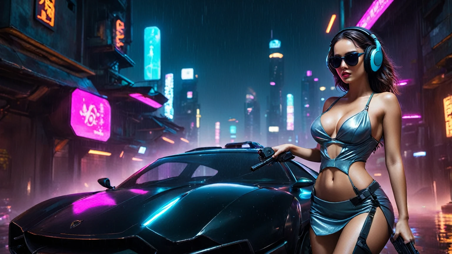 (aerial view, a flying cars docking platform, a very dark abandoned futuristic city, neon lights), rainy night. (((1girl, solo, alone))), large-breast:1.2 slim body, cleavage:1.1, sexy wind blowing wet dress:1.4, (((headphone, black sunglasses, standing and holding pistol:1.8, dynamic rushing pose))), (((((half-body thigh level medium shot))))), cinematic lighting, lens flare, ray tracing.