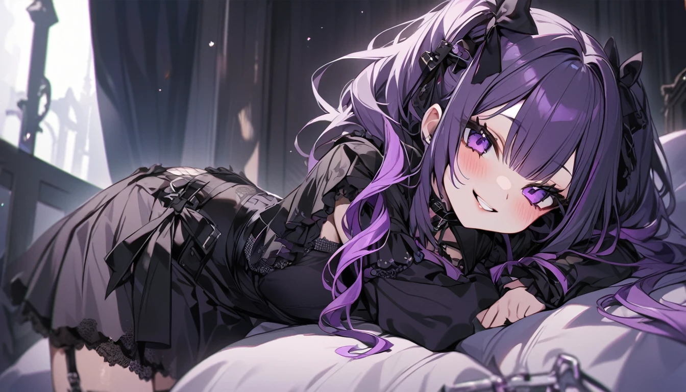 (Highest quality),Gothic Girl,Black and purple one piece,Dark cute,smile