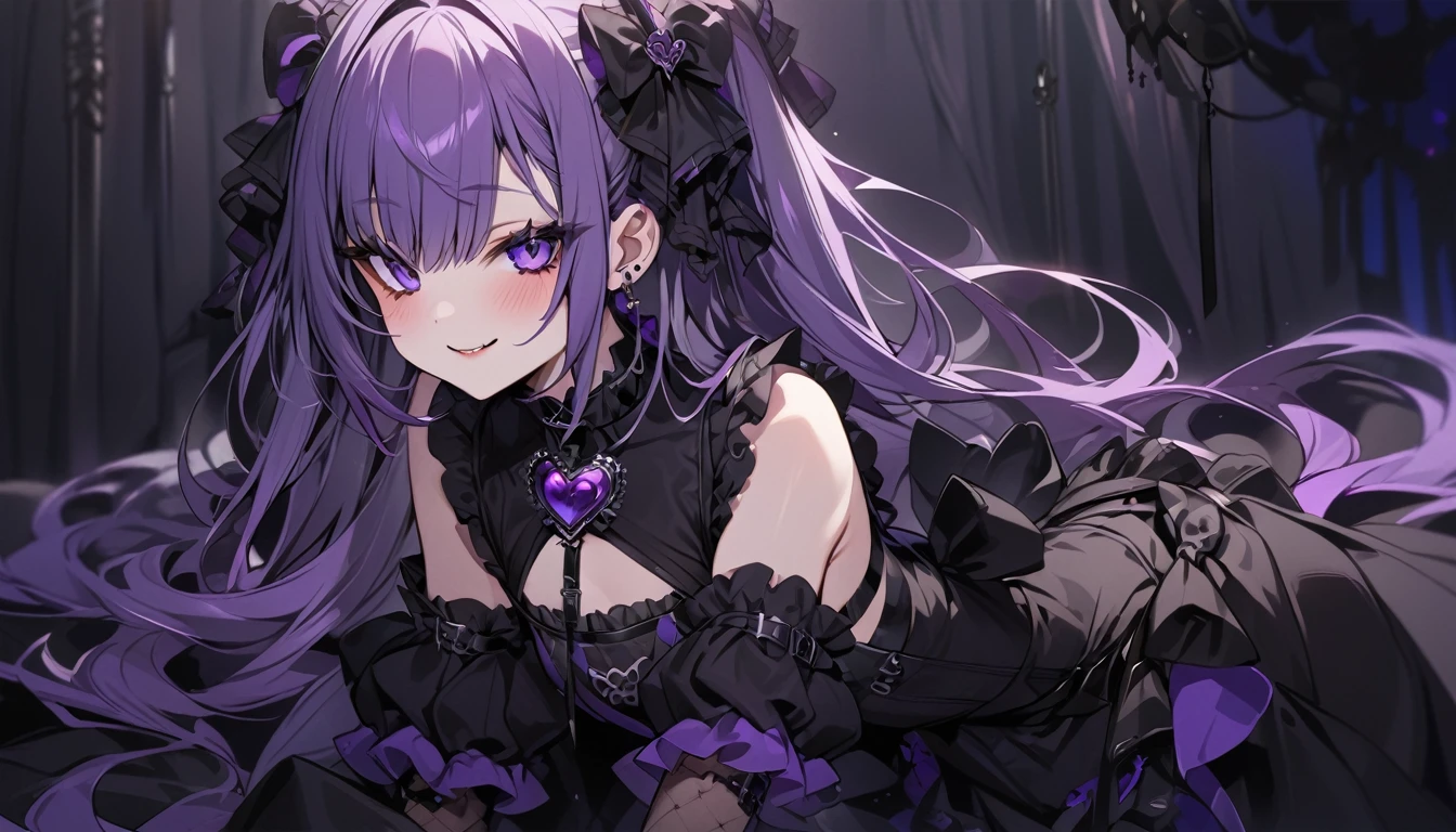 (Highest quality),Gothic Girl,Black and purple one piece,Dark cute,smile