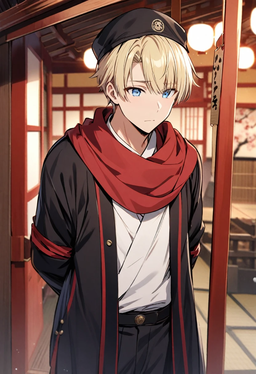 Solo, 1 male, light blonde hair, light blue eyes, white botton shirt, black cap, black pant, black haori, red scarf, taisho roman, Japanese, kanata
