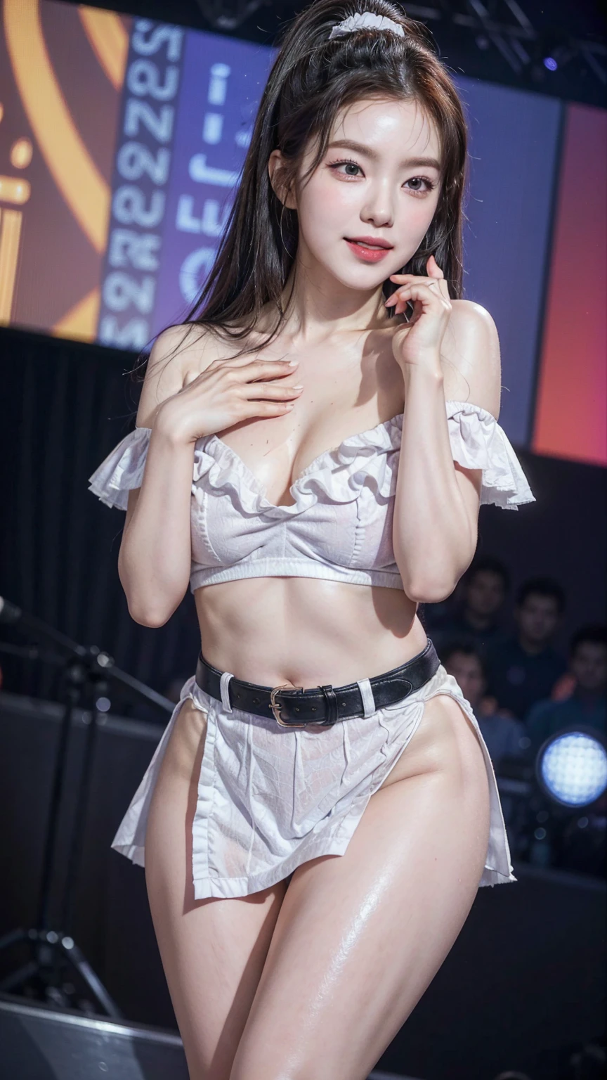 (real, photorealistic:1.37),Best quality, highres, 8k,, masterpiece, immersive atmosphere, (background blur:1.5),blurring,
(real skin texture:1.3)
short purple hair with ponytail, detailed purple bangs, 
pretty face wearing black eye shades,, beautiful lips, soft lips,pretty face, close up face, gorgeous beauty, 
green eyes, serious face, pretty nose, beautiful nose, perfect nose, detailed nose, detailed lips,
pretty eyes, beautiful eyes, sparkling eyes, detailed eyes, perfect eyes, open mouth,
looking at the camera, happy, jolly, smiling, seductive, blushing, bukake, happy face, jolly face, sexy excited face, 

clear skin,white skin, soft skin, medium bust, (real skin texture:1.3)
medium breasts, smooth skin, 

beautiful girl irene, red velvet irene, 

perfect body, detailed thighs, detailed legs, perfect hands, perfect arms, detailed hands, detailed arms, sexy body, show tongue, sexy tongue, drooling, 

show whole body, fully body woman, pretty woman,

cute dancing pose, cute dancing female, sexy korean idol, sexy female model, female idol dancing, dancing magnificently in a bright stage, gracefully dancing wearing a white off shoulder pirate dress with corset belt, wearing white 

boots,(real clothes texture:1.3)

sweaty face, sexy, seductive, horny, slimy hair, body details, standing full body, full body image from head to toe, horny female, show full body from head to toe, focus camera on thighs, camera at the bottom of stage, high-angle 

camera, show thighs, show legs, show feet, show whole body, show full body,