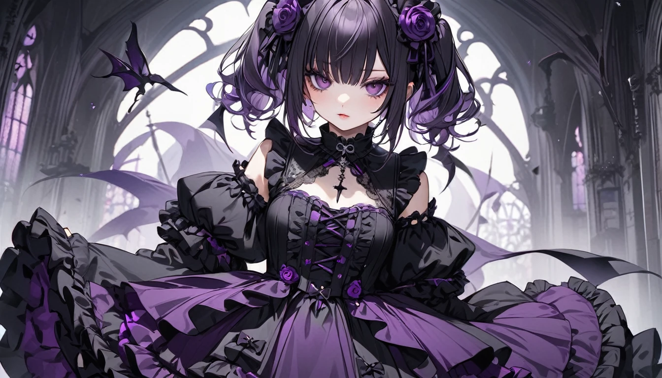 (Highest quality),Gothic Girl,Black and purple dresses,Dark cute