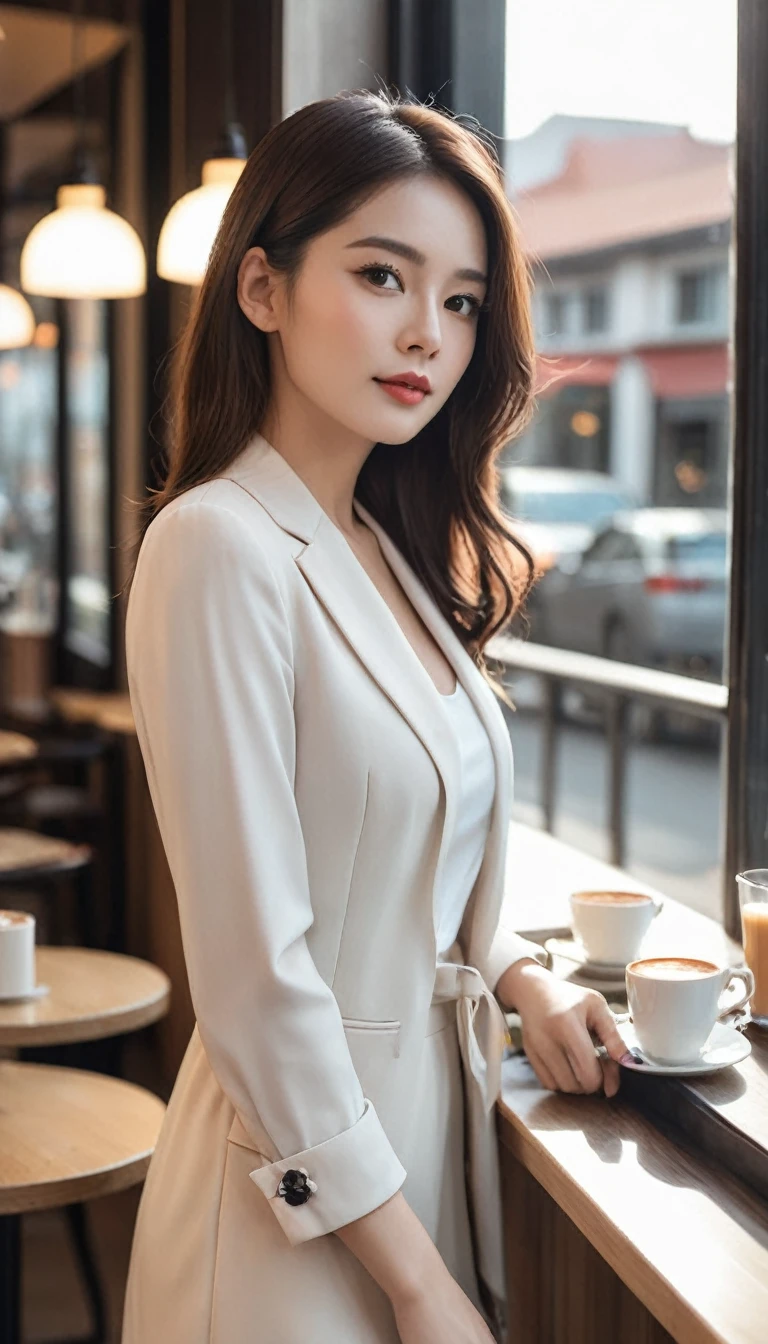 .In a trendy cafe with lots of windows,Half-length photo of a lovely and attractive woman ::3 Trends, The modern fitted outfit accentuated her perfect figure ::2 photos taken with a Canon 6D Mark II and an 85mm lens at aperture/ 4 and ISO 100 ::3. Glamour photos, Award-winning photography, Be focused, Dynamic Lighting ::1