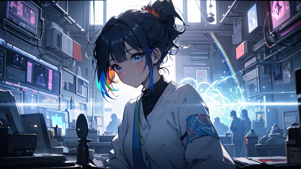 jaw, ponytail, regatta, Shirt tied at the waist, Clean the portal gun at the workbench, Morning sunlight shining through the window (zrpg style) (artwork:1.2) (figure:1.2) (Better Quality:1.2) (be familiar with) (Complex) (8k) (High resolution) (Cinema Lighting) (Sharp focus), whole body, Big Ass, thick, {Highly detailed 16k CG uniform wallpaper}, Vast landscape photography, (A bottom-up view that focuses on characters and settings), (Wide open view), (Low angle photo), (highlight: 1.2), (Low Light:1.7), (Warm light source: 1.2), Complex詳細, (Rainbow Core: 1.5), (Bright lighting), (Atmospheric lighting),