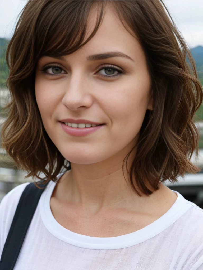 Madeline Lewis, 1girl, solo, (((consistent face and image))), ((brunette hair)), ((cranky hair)), ((40 years old)), realistic, photorealistic, short hair, (((Caucasian mature woman))), (Swiss woman), (Swiss nose), (Swiss thick lips), ((chubby)), posing outside the Iconic landmark of France, smirking, standing, wearing In style in trend Generation-Z modern wear different colored, showing small uncanny teeth