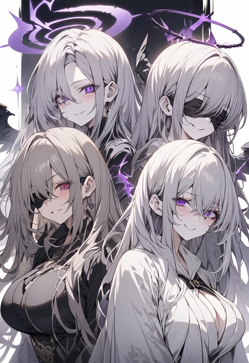 best quality, expressive eyes, perfect face, bigger breast, light robe, purple and grey dress, long grey hair, long hair, , white skin, blindfolded, corrupted magic, Milf, looking at viewer, light aura, black blindfold, frown, Dark angel, corrupted, purple halo, grey wings, fallen angel, smile