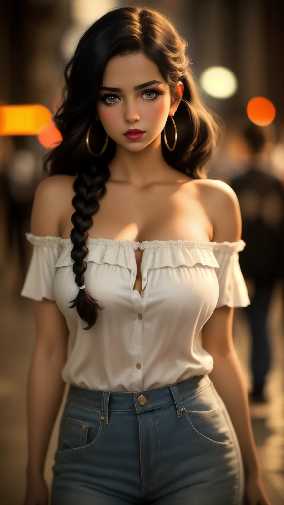 masterpiece,best quality, realistic illustration, style of Philip Lorca diCorcia,
cinematic film still portrait of a girl aged 18yo, 1girl, solo, black long hair, large braid, olive eyes, toned figure, massive breasts, huge nipples, huge areolas, dark skin, dark makeup, wearing an off the shoulder blouse, hoop earrings, perfect lips, posing for the camera, pretty face, cute face, vignette, highly detailed features, highly detailed body, high budget, bokeh, cinemascope, moody, epic, gorgeous, whole body photo, film grain, grainy