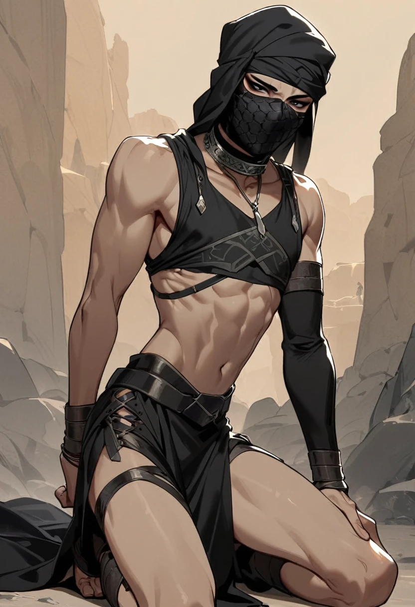 Male arab warrior, medivial, black balaclava, black bandage, black clothes, thin waist, skinny body, femboy, light skin, makeup, black eyeliner, big eyelashes, black eyeshadow, metal choker,  light tanned skin, kneeling 