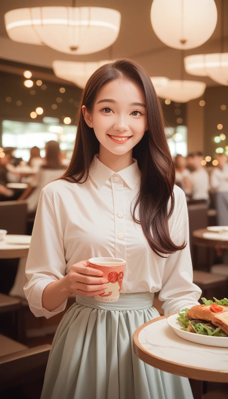 score_9_up, score_8_up, score_7_up, score_6_up,superb, amazing, Ultra-high image quality, Practical, girl, (Beautiful Face 1.4), (Large target, Tightening waist), Long hair, indoors, Bokeh, Beautiful light, Glowing skin, Small head, Smile, Dinner , Holding a cup