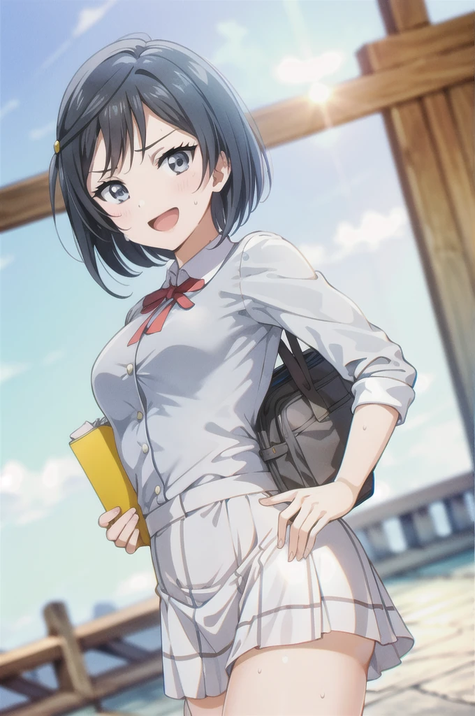 (Highest quality, masterpiece:1.2), One Girl, alone, anime, anime screencap,  Ray Tracing, Global Illumination, ultra hi resolution picture, Bright colors,  Cinematic Light,  Lens flare,  Light on the face, Glowing Eyes,  Written boundary depth, Happy, Detailed Background, cute,  straight, smile, View your audience, Outdoor, null, cloud, 
 Yuki Setuna, Upper Body，short hair，Sweaty hands，Sweaty feet，Sweaty fingers，Sweaty body，Drooping sweat，Sweat-drenched，Face sweaty，Sweaty, shiny skin，Sweaty hair，hot，Sweaty hands，Foot sweat，Skin sweat
