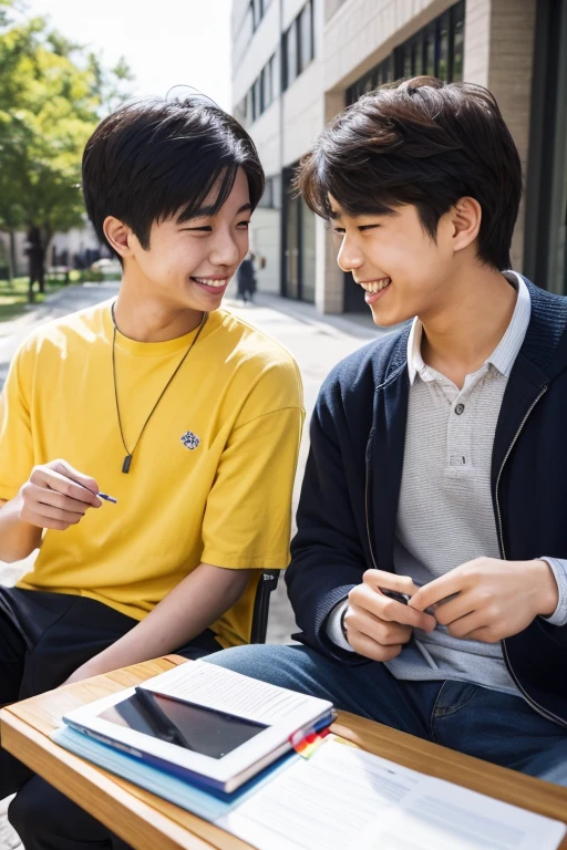 Sunny days、Two male college students friends smiling and chatting with pens in hand