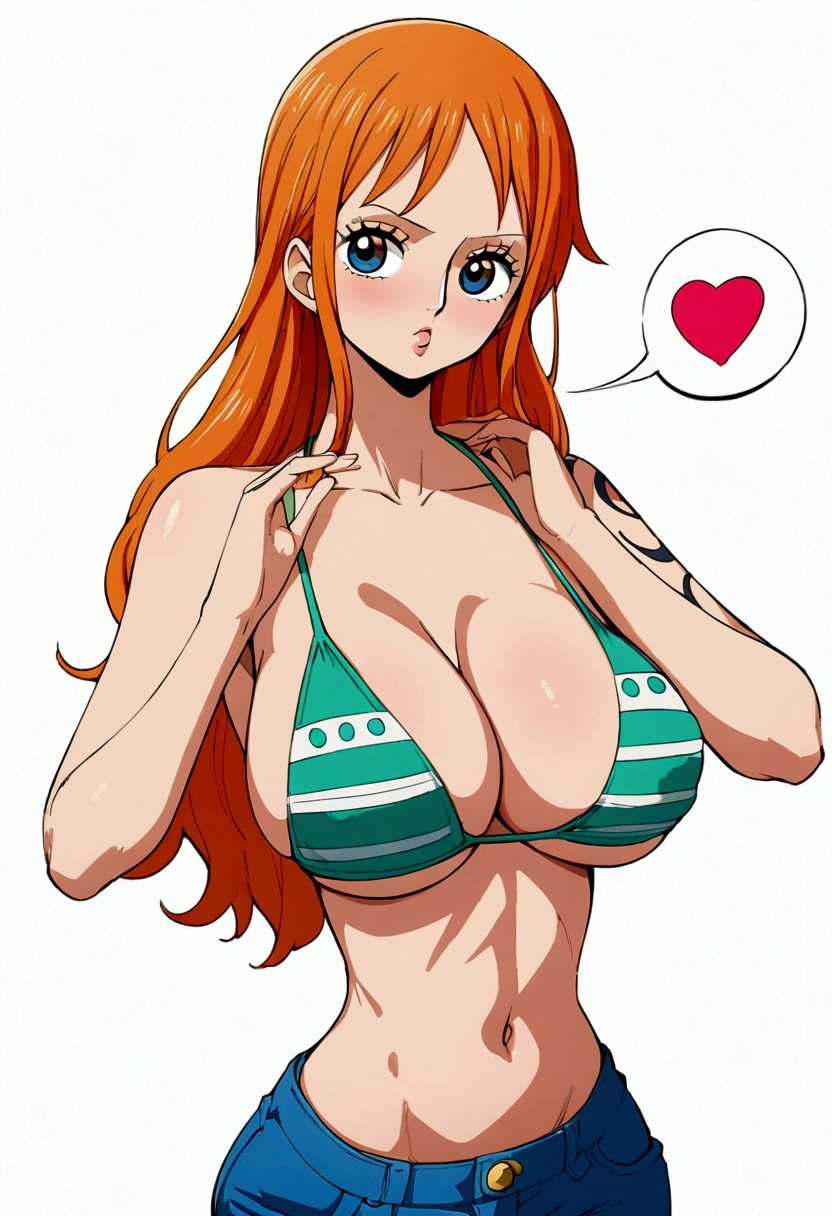 a cartoon picture of a woman in a bikini top and jeans, nami one piece, nami from one piece, nami, beautiful portrait of nami, from one piece, oppai, blue eyes, smoking, ponytail, nsfw