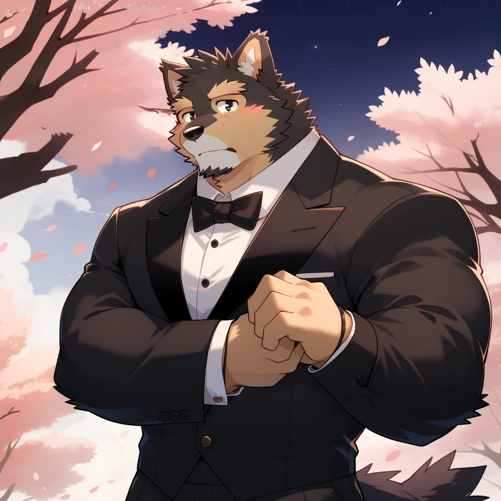 Scribble 德国牧羊dog face,Humanity(dog),(Formal wear:1.3),Muscular,(Brown eyebrows:1.1),(Perfect black eyes),Cherry blossoms,Black fur,Night Sky,(artist:Takemoto Arashi),Hands tied behind the back,cry。