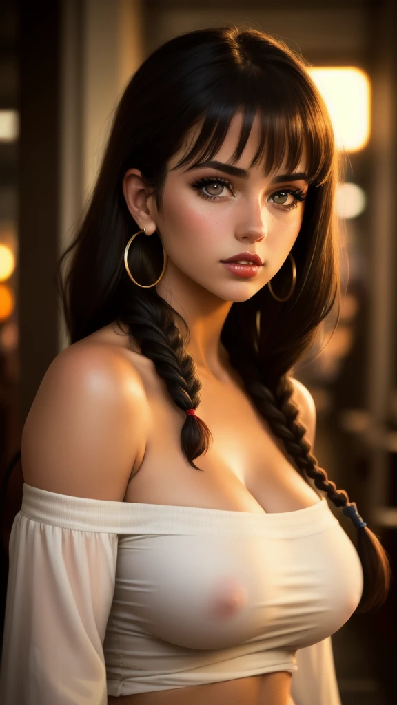 masterpiece,best quality, realistic illustration, style of Philip Lorca diCorcia,
cinematic film still portrait of a girl 8yo, 1girl, solo, black long hair, large braid, olive eyes, toned figure, massive breast nipples, huges, dark skin, keup, wearing an off the shoulder blouse, cropped, hoop earrings, perfect lips, posing for the camera, pretty face, cute face, vignette, highly detailed features, highly detailed body, high budget, bokeh, cinemascope, moody, epic, gorgeous, whole body photo, film grain, grainy
