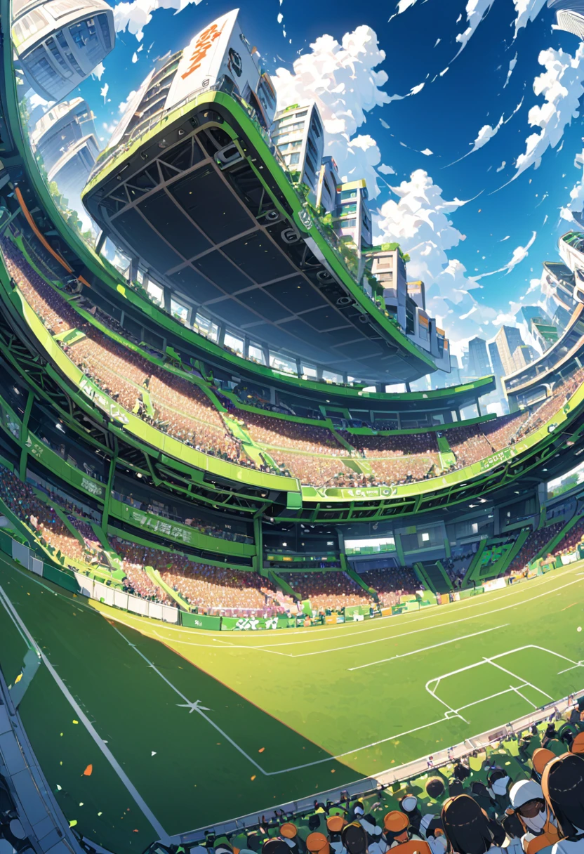 Japanese anime illustration,A green football field,Surrounded by tall buildings and clouds in the sky。The stadium was filled with fans cheering for their team to play against the opposing team。Teleshot angle,45-degree shooting,Ultra wide angle,Ultra HD,Ultra-clear,The front view is the viewing platform,32K