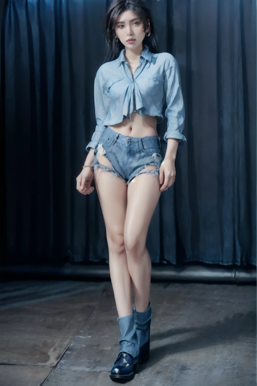 (tall:2),(photo realist: 1.2), (hiper realist: 1.2), (realistic: 1.2), (smoother lighting: 1.2), (Improve the quality of movie lighting: 1.2), (RAW photo:1.2), (better quality:1.2), (beauty eyes:1.2), (masterpiece:1.2), (Physically based rendering:1.2), (ultra high resolution:1.2), (best quality:1.2),(standing:2),(full body shot:2),(sexy pose:2),(blue long hair:1.2),(beauty face:1.2),(earring:2),(ember eyes:1.2),(tied shirt:1.2),(denim micro shirt:2),(belt:1.2),(beauty legs:2),(leather shoes:1.2),(simple background:1.2),(shiny skin:1.2),(navel:1.2)