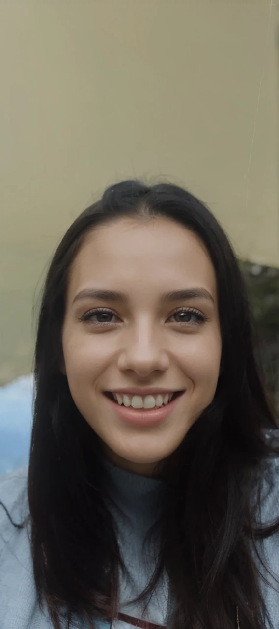 Create a photorealistic image of a 25-year-old girl with black hair and blue tips. The hairstyle is a long cascade. Imagine her in a beautiful natural landscape, perhaps on top of a mountain or on the ocean, surrounded by majestic nature. Let her stand confidently, with a look full of enthusiasm and thirst for adventure. Her pose should express the spirit of freedom and openness to new opportunities. The full-face face is turned and looks at the camera. The background should be bright and inspiring to emphasize the atmosphere of adventure and exploration.