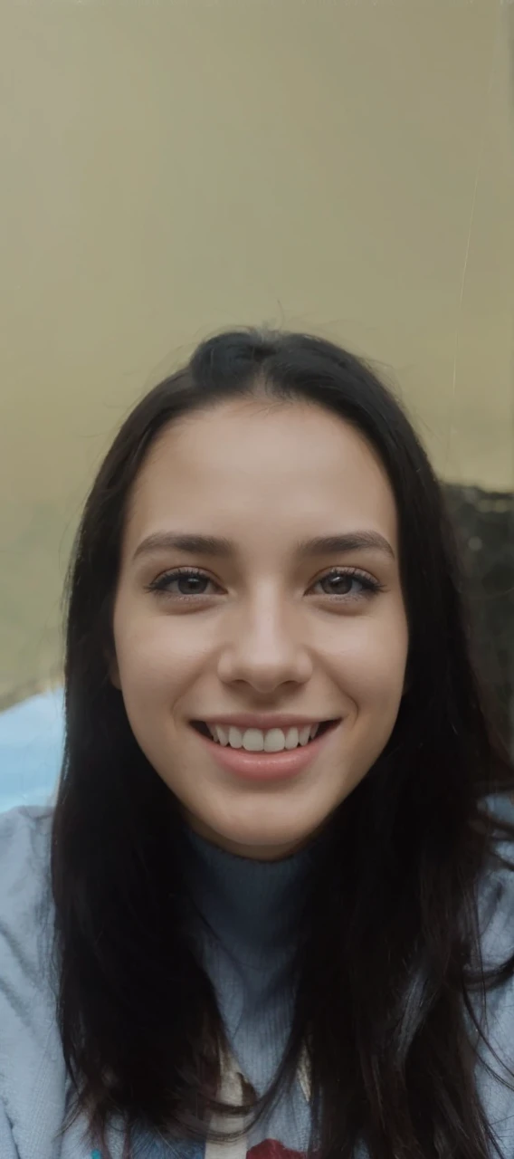 Create a photorealistic image of a 25-year-old girl with black hair and blue tips. The hairstyle is a long cascade. Imagine her in a beautiful natural landscape, perhaps on top of a mountain or on the ocean, surrounded by majestic nature. Let her stand confidently, with a look full of enthusiasm and thirst for adventure. Her pose should express the spirit of freedom and openness to new opportunities. The full-face face is turned and looks at the camera. The background should be bright and inspiring to emphasize the atmosphere of adventure and exploration.