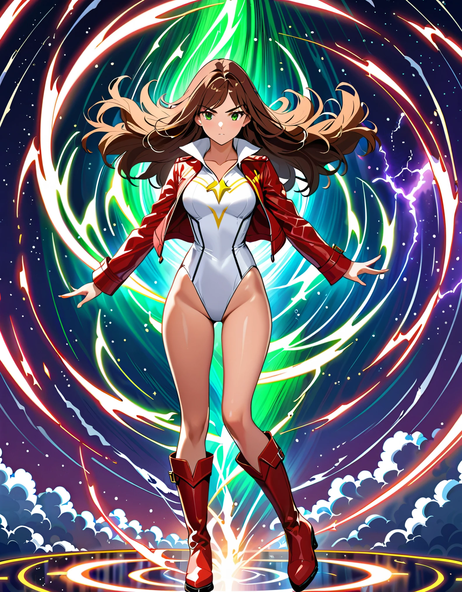 (masterpiece), (best quality), (high res), 1lady, tall body, beautiful detailed eyes, beautiful detailed face, serious, perfect hands, complete fingers, perfect anatomy, perfect proportions, ((brown hair, medium hair, hair down)), ((green eyes)), ((leotard, white leotard, matching leotard)), ((white dress collar, open collar)), ((bare legs)), ((boots, matching boots, ankle-high boots, red boots)), breasts, medium breasts, (full body portrait), (solo, solo focus), cowboy shot, space backdrop, ((yellow V (symbol) on chest)), ((red leather jacket, open jacket)). T-pose, legs together, (spins fast in place like a tornado, whirls fast in place like a tornado, tornado whirling, spiral lines around her, spinning energy pulse around her, storm winds around her). full body costume design.