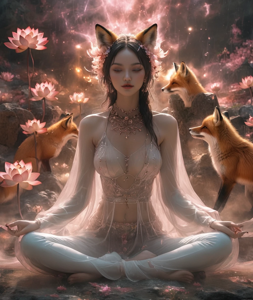 Lotus pose girl full body photography,Anatomically correct,Raw, Filming, (Be focused:1.5), (Reality:1.4), Dusk lighting, Volumetric Lighting, Ultra-high resolution, 16K,Dramatic Lighting, White background:1.5)(tangled,Mandala,dispute,Entanglement:0.7)Fox Demon,Fox Mask,short jacket, Foxfire Curse, fox family, Transformation, Depth of Field, Dreamy atmosphere, The most beautiful chaos, grace, Brutalist Design Dark Theme, Flower of Death, Flowers of ecstasy,Glowing Line,Glow Example,Tracking Example,flash, Backlight,translucent,Light Particles,HILL,exit