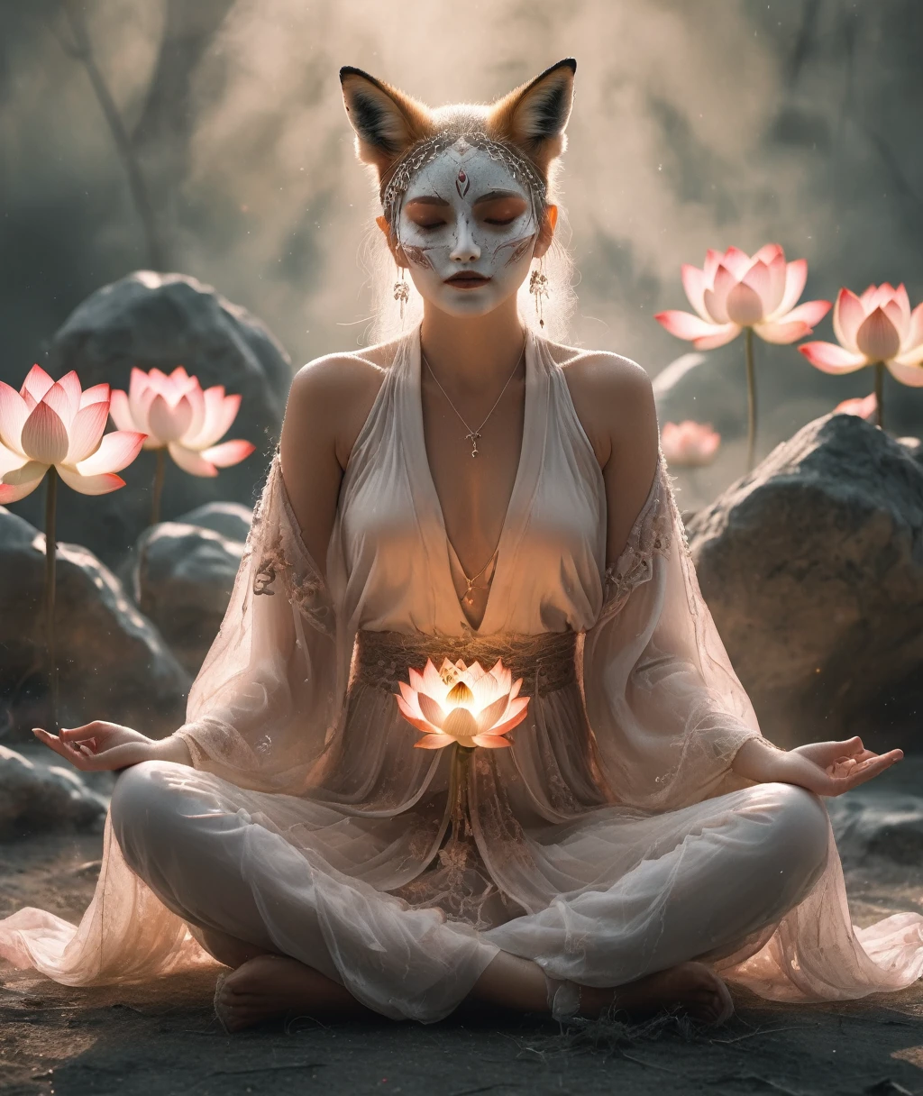 Lotus pose girl full body photography,Anatomically correct,Raw, Filming, (Be focused:1.5), (Reality:1.4), Dusk lighting, Volumetric Lighting, Ultra-high resolution, 16K,Dramatic Lighting, White background:1.5)(tangled,Mandala,dispute,Entanglement:0.7)Fox Demon,Fox Mask,short jacket, Foxfire Curse, fox family, Transformation, Depth of Field, Dreamy atmosphere, The most beautiful chaos, grace, Brutalist Design Dark Theme, Flower of Death, Flowers of ecstasy,Glowing Line,Glow Example,Tracking Example,flash, Backlight,translucent,Light Particles,HILL,exit